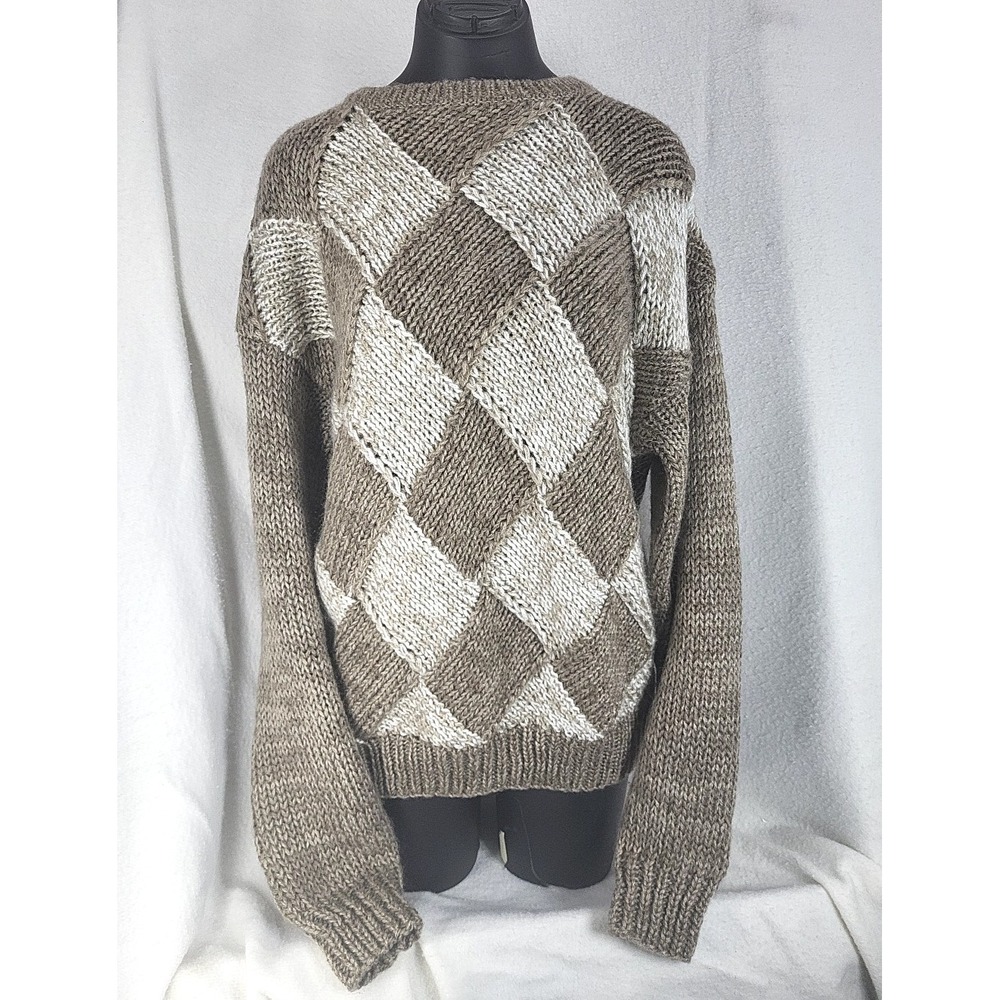 Vintage 80s Forum Sweater Women's Large Chunky Knit Argyle Cozy‎ Coastal Brown